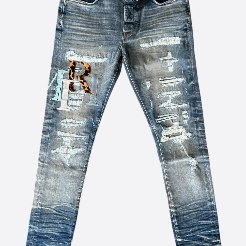 Amiri Vintage Indigo Leather Multicolor Staggered Logo Jeans